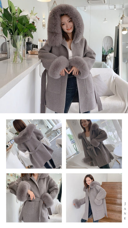 Hooded Reversible Cashmere Mid-length Fox Fur Collar Woolen Coat