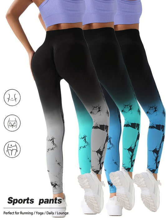 3 Pack Women's Tie Dye Gradient Color Yoga Sports Leggings, Ruched High Waist Workout Seamless Scrunch Booty Leggings Butt Lift Athletic Leggings Tummy Control Yoga Pants