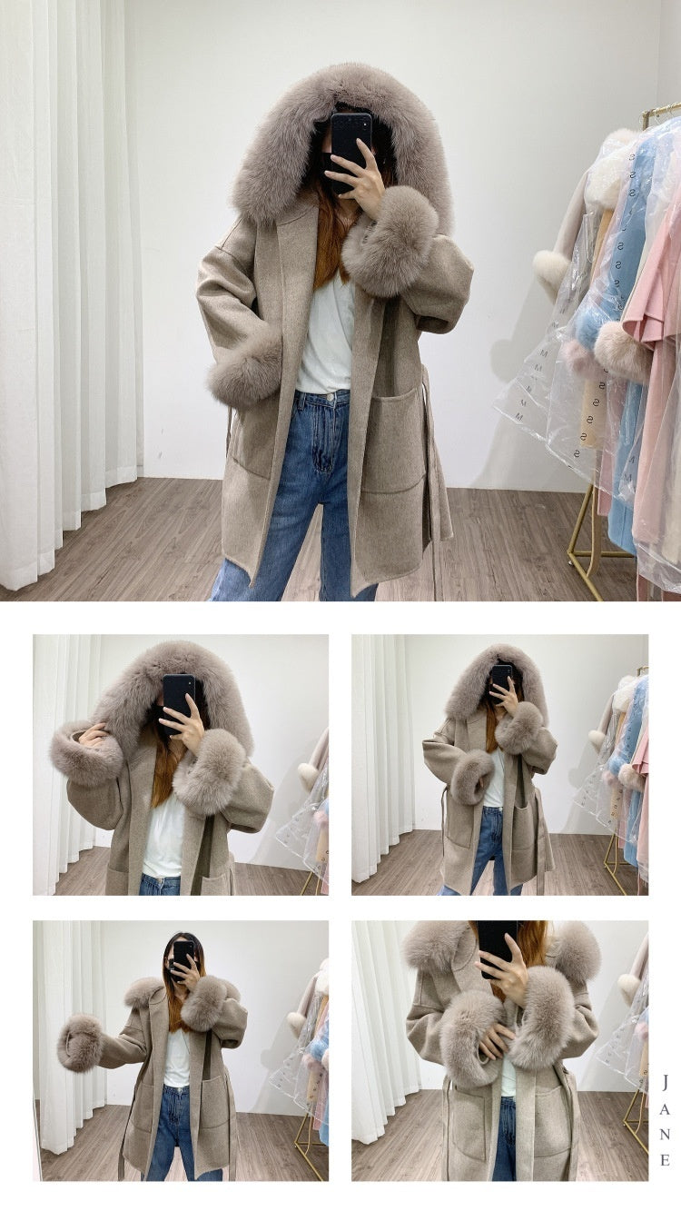 Hooded Reversible Cashmere Mid-length Fox Fur Collar Woolen Coat