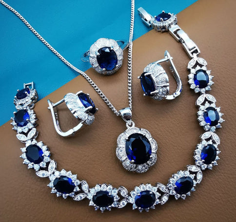 Silver 925 Women Bridal Jewelry Sets Blue Zirconia Costume