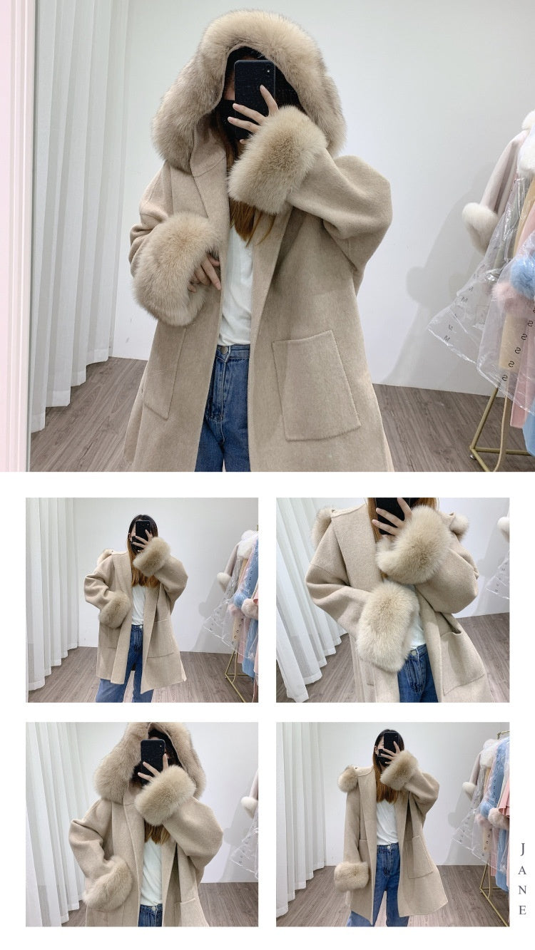 Hooded Reversible Cashmere Mid-length Fox Fur Collar Woolen Coat