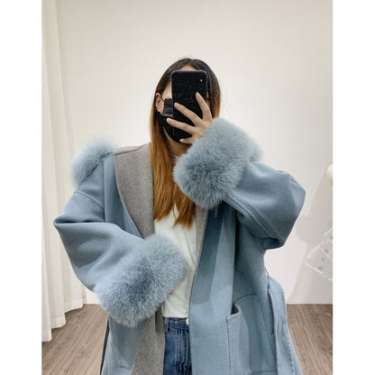 Hooded Reversible Cashmere Mid-length Fox Fur Collar Woolen Coat