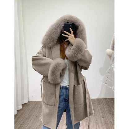 Hooded Reversible Cashmere Mid-length Fox Fur Collar Woolen Coat