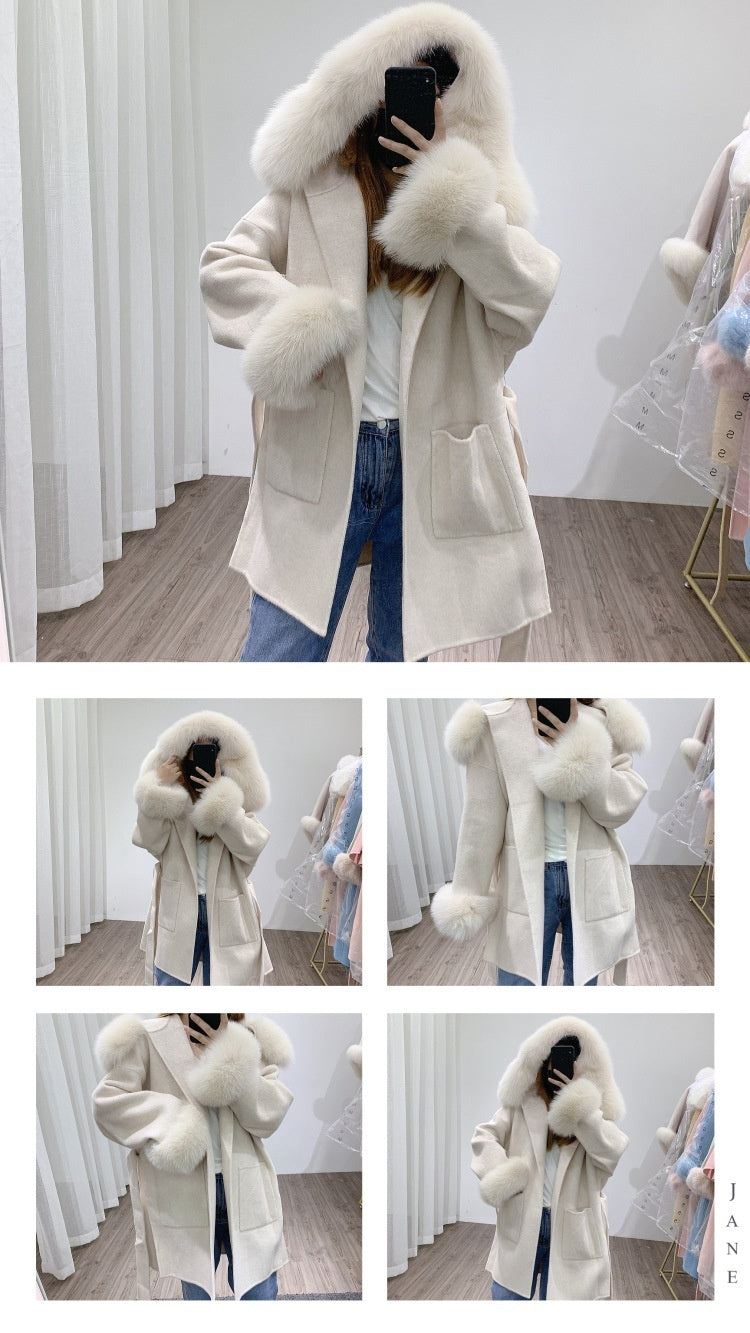 Hooded Reversible Cashmere Mid-length Fox Fur Collar Woolen Coat