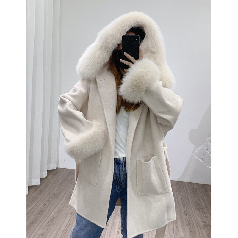 Hooded Reversible Cashmere Mid-length Fox Fur Collar Woolen Coat