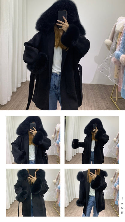 Hooded Reversible Cashmere Mid-length Fox Fur Collar Woolen Coat